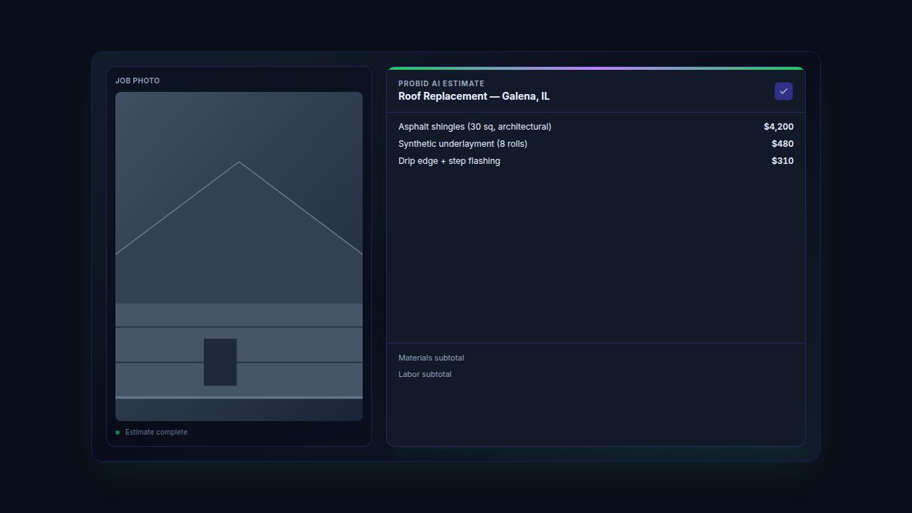 Line-item breakdown in ProBidCore listing materials and labor with individual prices